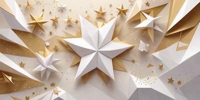 The primary subject of the image is a white star, which is the main object, scene, or focus of the image. The setting is a wall with a pattern of stars, and the visual style is a combination of photo and digital art. The colors and mood of the image are predominantly white and gold, creating a warm and inviting atmosphere.